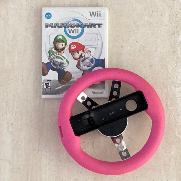 Mario Kart & Racing Wheel Nintendo Wii Game Pink Steering Wheel Drive Race - Picture 1 of 15